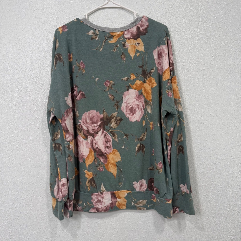 Andree by Unit Womens 2X Floral Pom Pom Trim Long Sleeve Top Sage Green Grey - Picture 6 of 7